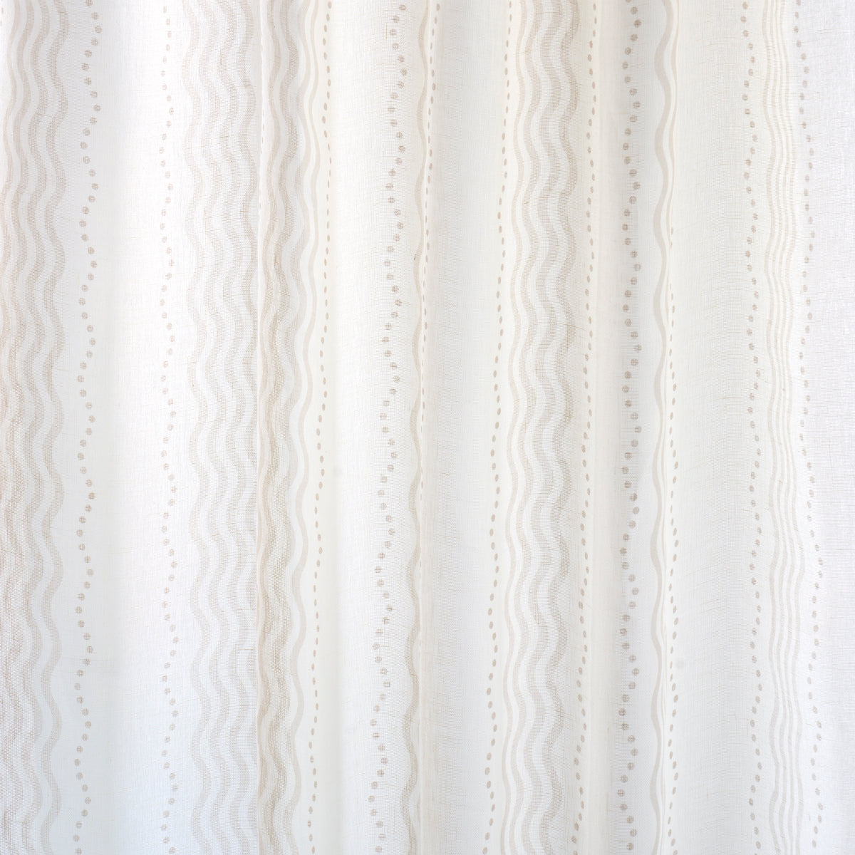 White lace fabric with vertical wavy embroidery and dotted eyelet stripes, lightweight and elegant