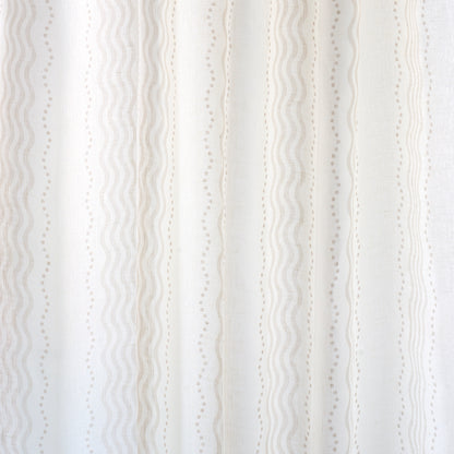White lace fabric with vertical wavy embroidery and dotted eyelet stripes, lightweight and elegant