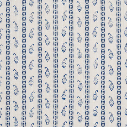 Cream woven fabric with vertical blue stripes - dots and paisley motifs; linen-look upholstery or drapery.
