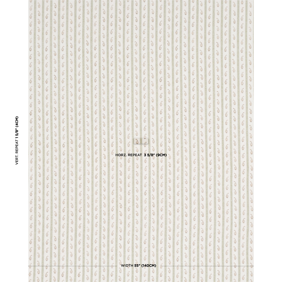 Cream wallpaper with narrow vertical stripes of tiny gray leaf motifs, repeating across.