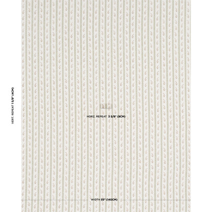 Cream wallpaper with narrow vertical stripes of tiny gray leaf motifs, repeating across.