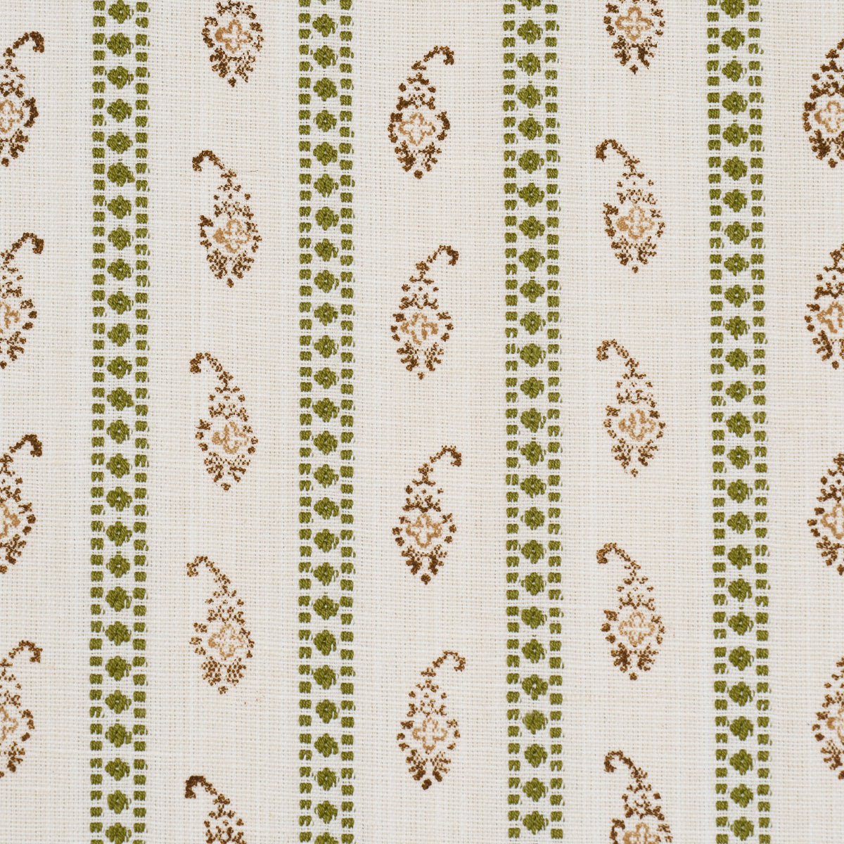 Beige linen-like fabric with vertical green dotted stripes and brown paisley floral motifs; vintage decorative textile.