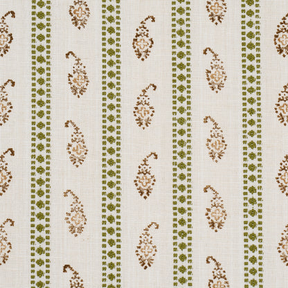Beige linen-like fabric with vertical green dotted stripes and brown paisley floral motifs; vintage decorative textile.