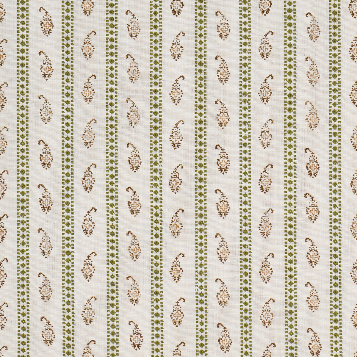 Cream fabric with vertical olive green dotted borders and brown paisley motifs; vintage textile pattern.
