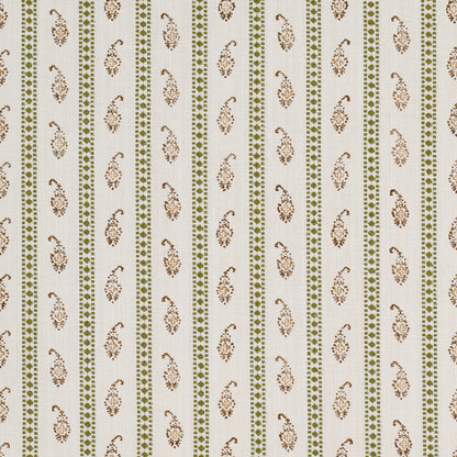 Cream fabric with vertical olive green dotted borders and brown paisley motifs; vintage textile pattern.