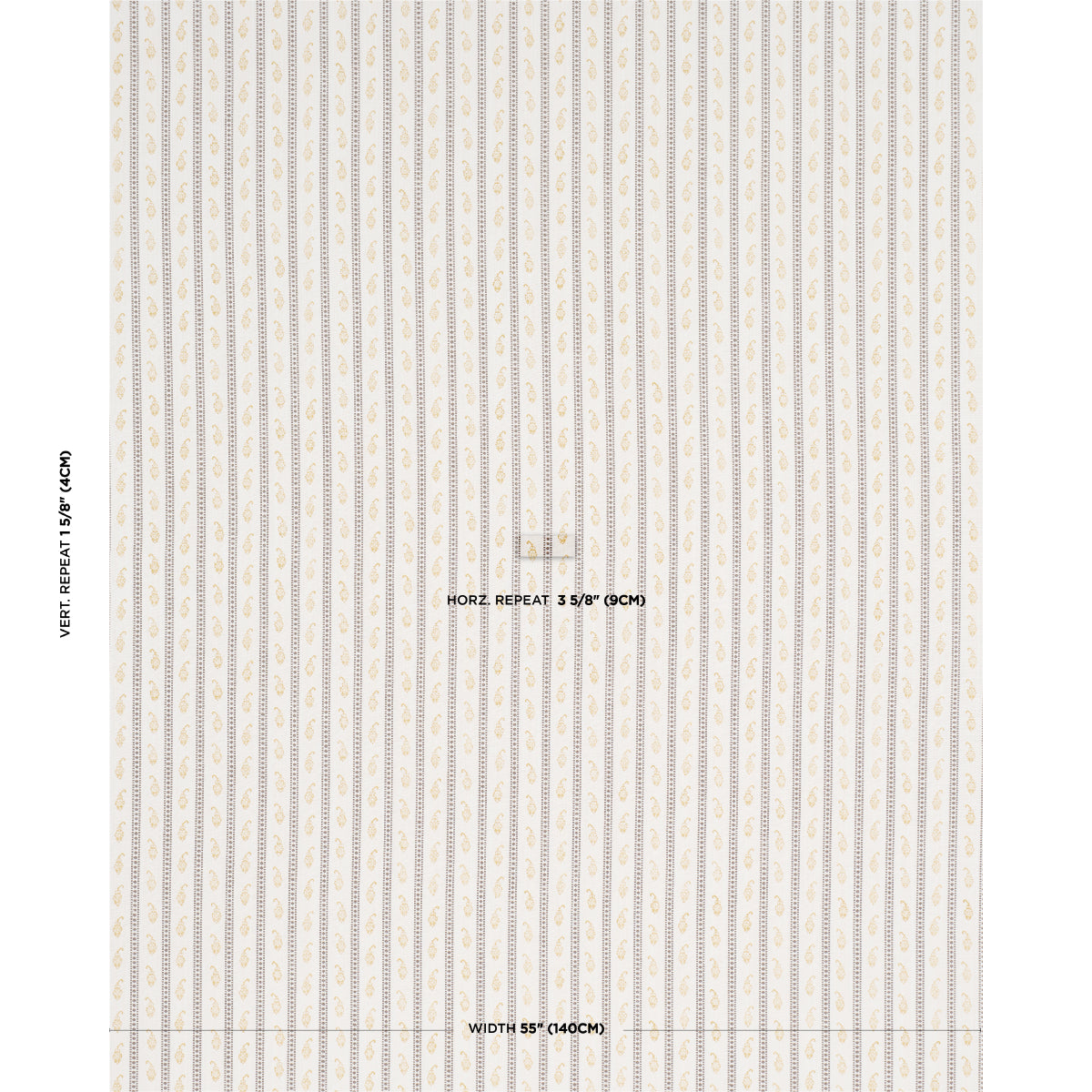 Ivory striped wallpaper with slim blue and gold motifs in a classic damask-inspired pattern.