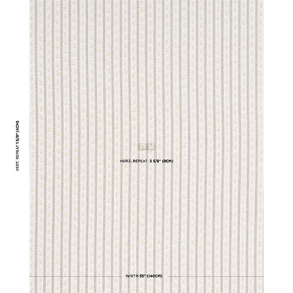 Ivory striped wallpaper with slim blue and gold motifs in a classic damask-inspired pattern.