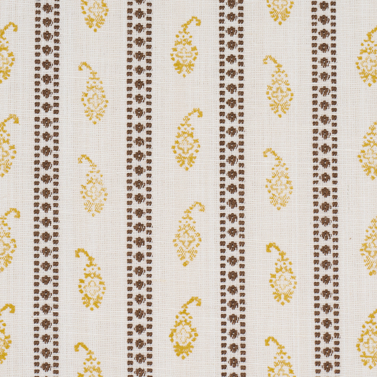 Beige fabric with vertical brown dotted stripes and yellow paisley motifs.