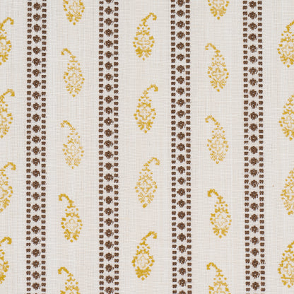 Beige fabric with vertical brown dotted stripes and yellow paisley motifs.