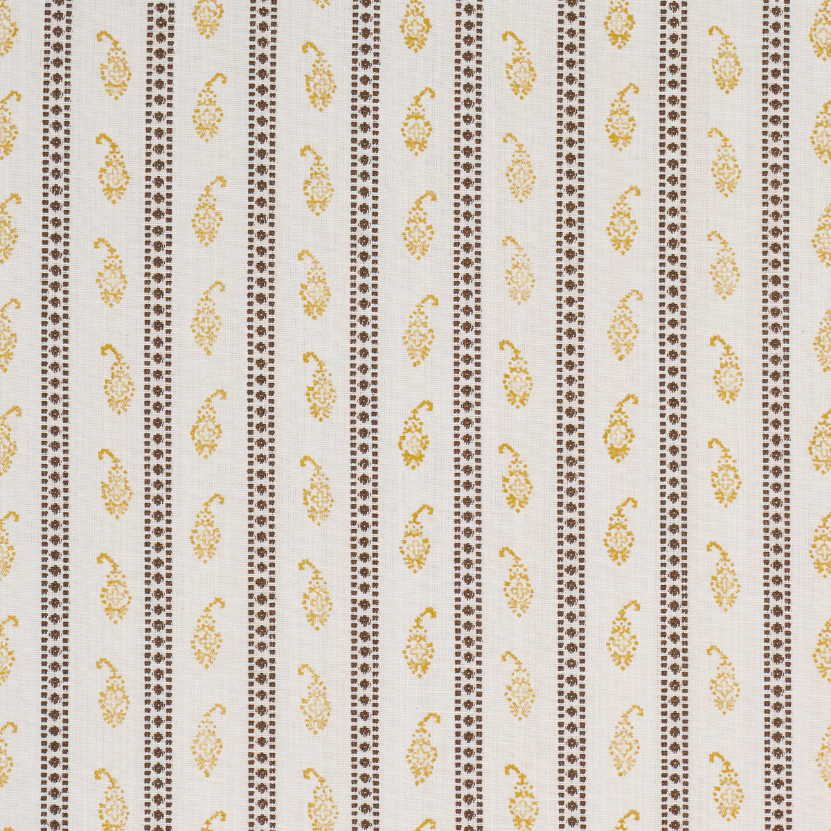 Cream fabric featuring alternating brown dotted vertical stripes and yellow paisley motifs, decorative textile.