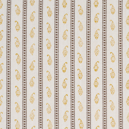 Cream fabric featuring alternating brown dotted vertical stripes and yellow paisley motifs, decorative textile.