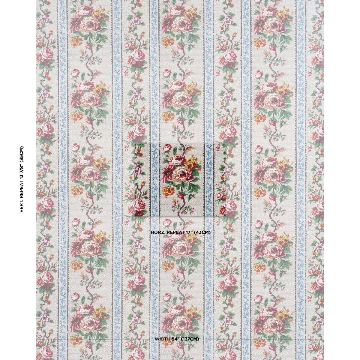 Vintage floral striped wallpaper with pink roses, green leaves on cream background & blue accents for shabby chic walls.