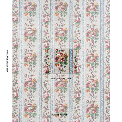 Vintage floral striped wallpaper with pink roses, green leaves on cream background & blue accents for shabby chic walls.