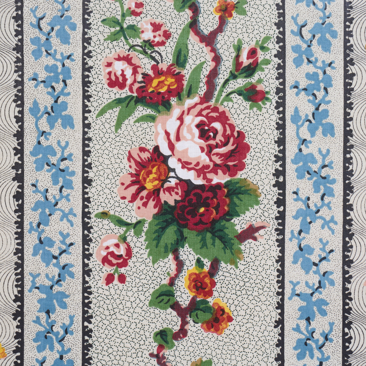 Floral textile pattern with a central bouquet of pink and red roses, green leaves, cream speckled background, and blue decorative borders.