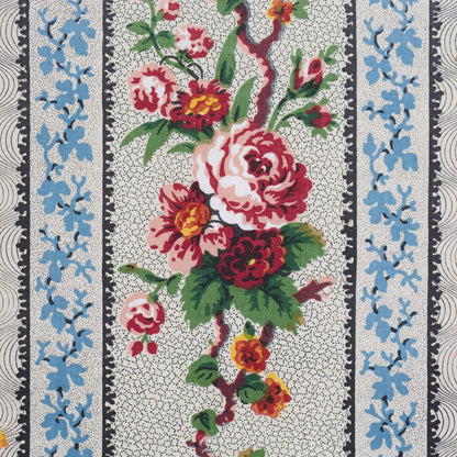 Floral textile pattern with a central bouquet of pink and red roses, green leaves, cream speckled background, and blue decorative borders.