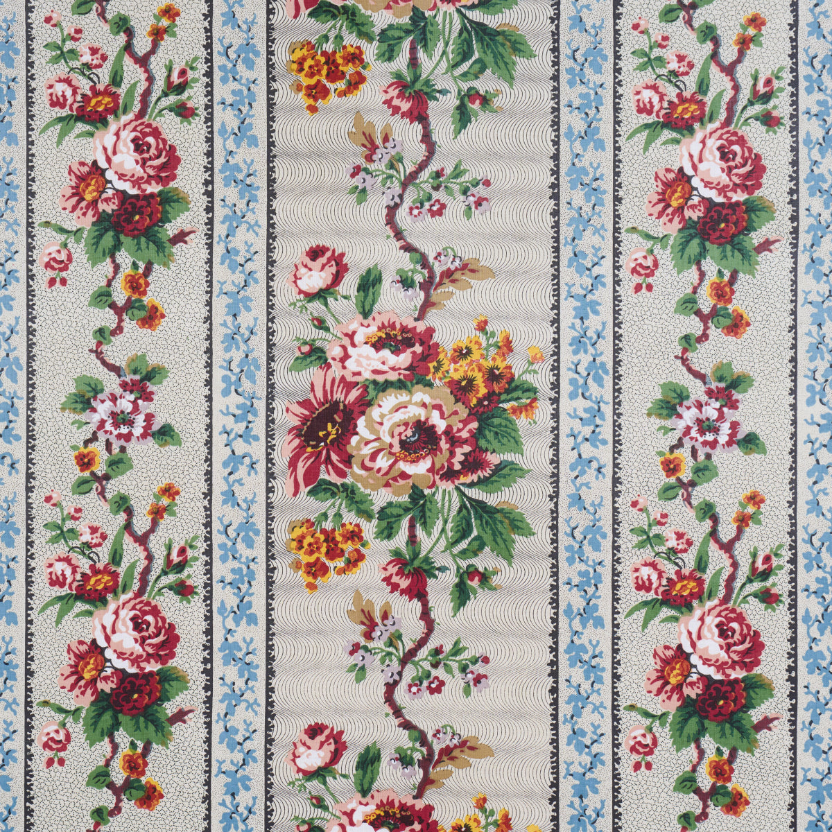 Floral striped fabric with vertical panels of pink roses, red and yellow flowers, blue borders on light gray background.