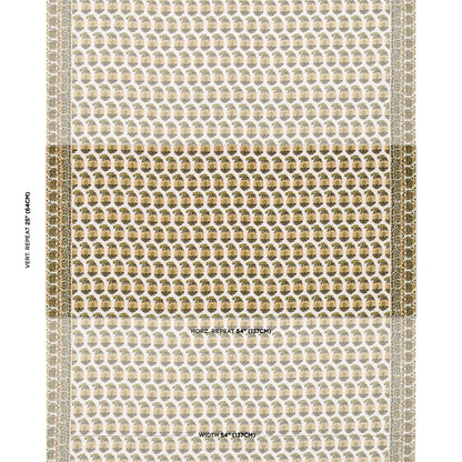 Beige area rug with repeating gold semicircle pattern, cream tones, framed by narrow decorative grey-gold borders.