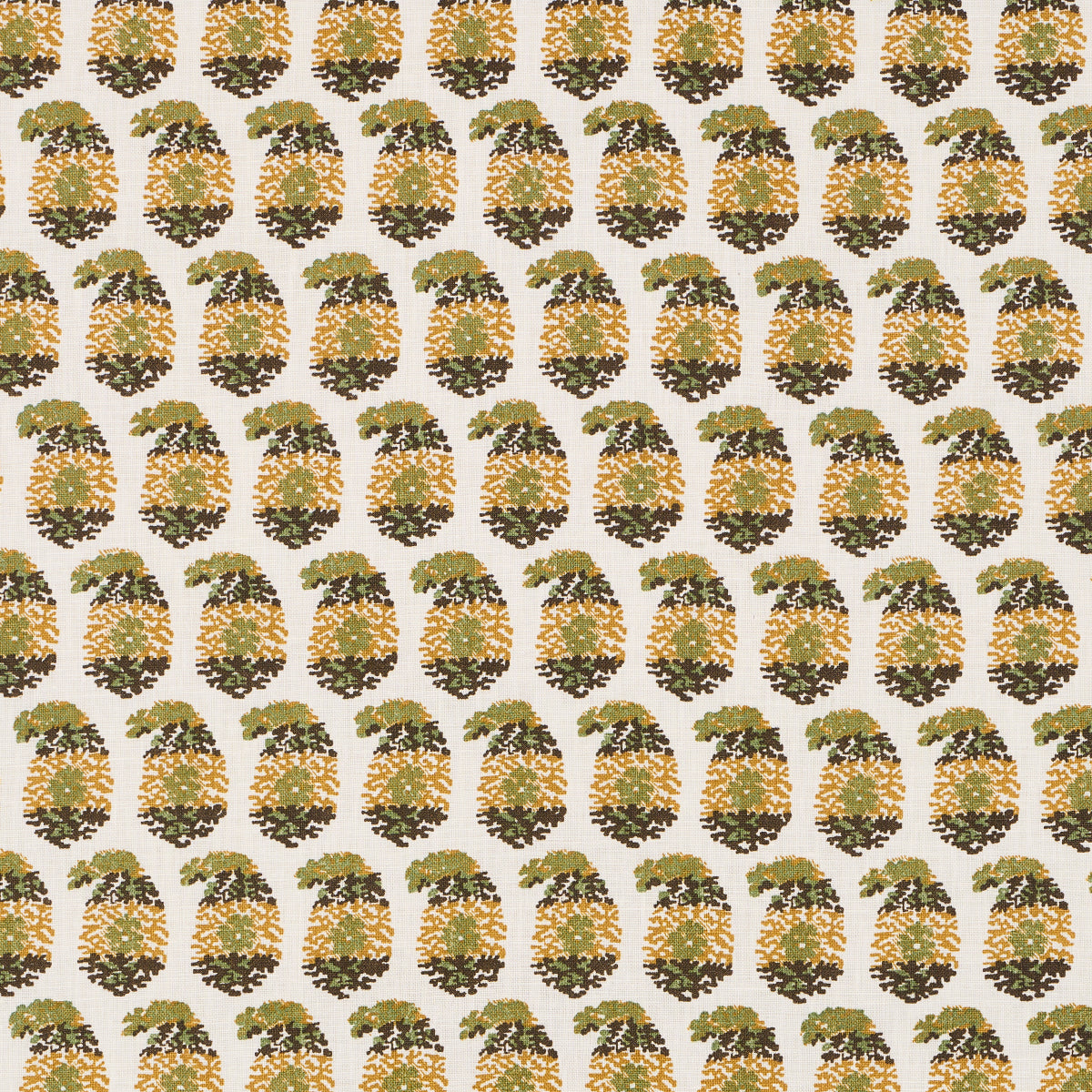 Seamless pineapple pattern: golden-yellow and green pineapples in neat rows on a beige background.