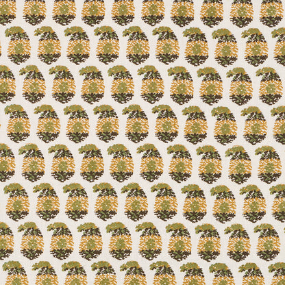 Seamless pineapple pattern: golden-yellow and green pineapples in neat rows on a beige background.