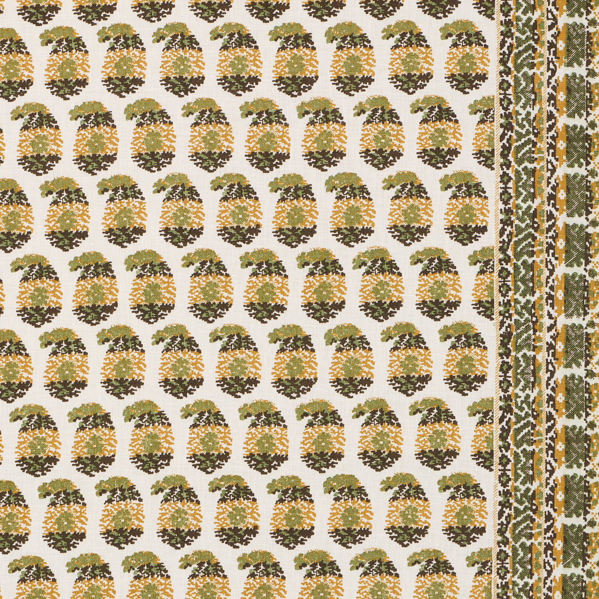 Cream fabric with repeating green-gold pineapple print and decorative border stripe; tropical textile for upholstery.