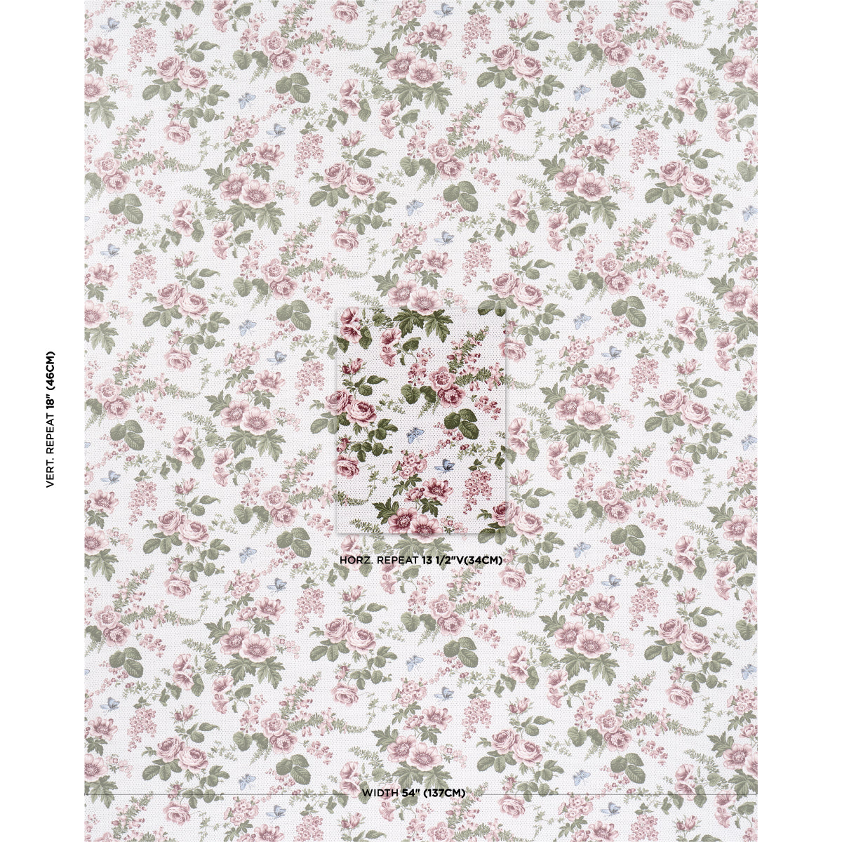 Soft floral fabric pattern featuring pink roses and green leaves on a cream background.