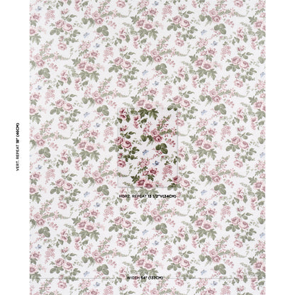 Soft floral fabric pattern featuring pink roses and green leaves on a cream background.