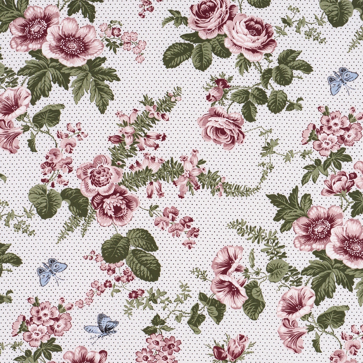 Vintage floral fabric pattern with pink roses, green leaves, pale dotted background and blue butterflies.