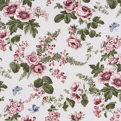 Vintage floral fabric pattern with pink roses, green leaves, pale dotted background and blue butterflies.