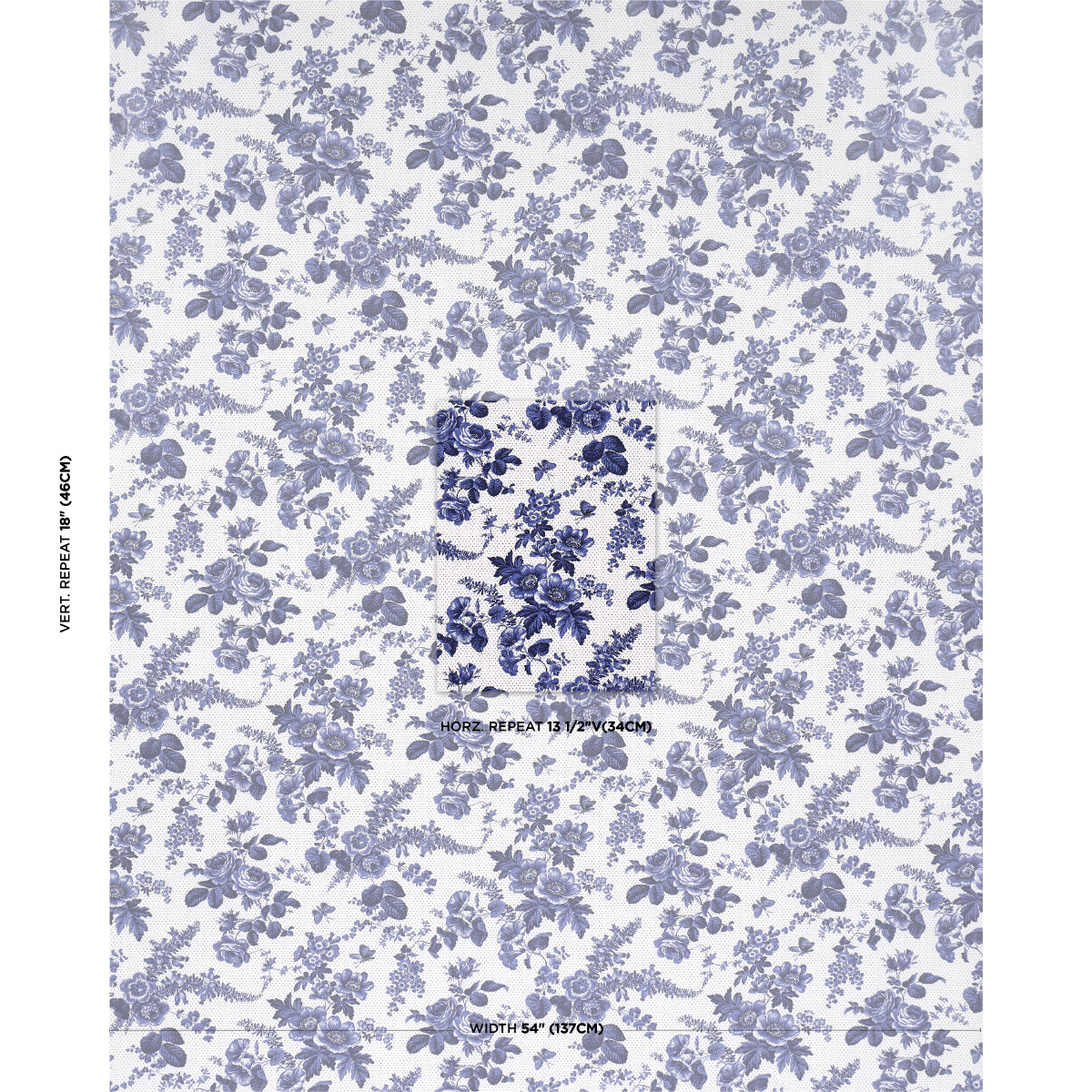 Indigo blue floral print on white, dense all-over botanical pattern for fabric or wallpaper.