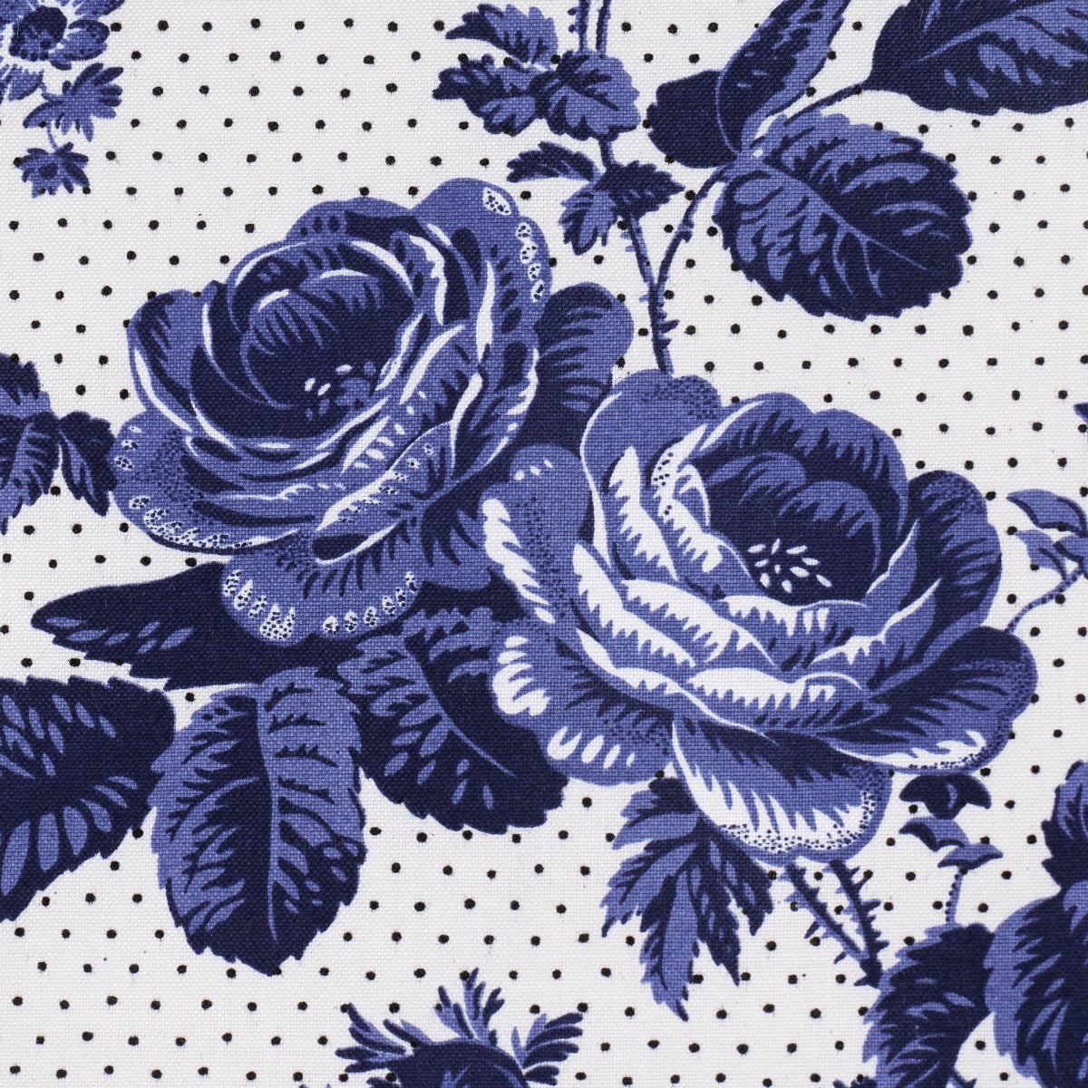 Blue rose floral print fabric with navy petals on white dotted background; vintage botanical pattern.