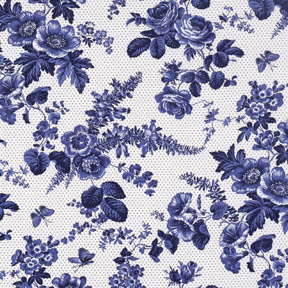 Indigo blue floral print fabric with roses and leaves on a pale dotted background; vintage botanical pattern.