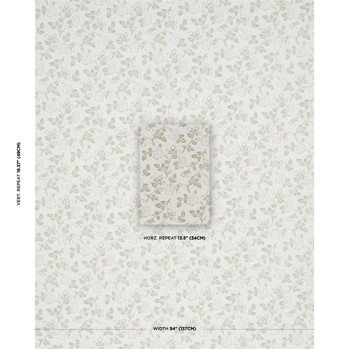 Cream wallpaper with pale grey-green botanical vines; subtle vintage leaf pattern and a center swatch.