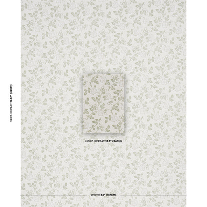 Cream wallpaper with pale grey-green botanical vines; subtle vintage leaf pattern and a center swatch.