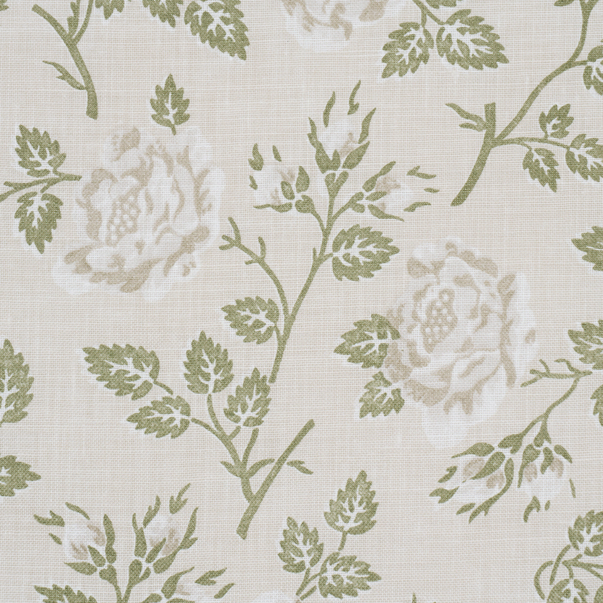 Beige linen-textured fabric with sage green botanical roses and leaves in a vintage floral print.