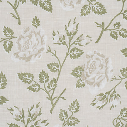 Beige linen-textured fabric with sage green botanical roses and leaves in a vintage floral print.
