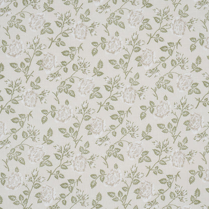 Cream fabric with pale green roses and leafy vines in a vintage botanical print.