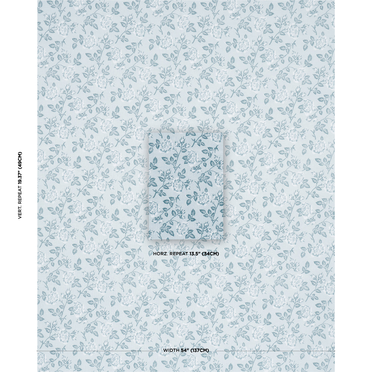 Soft blue print with a repeating gray-blue leafy pattern and a centered swatch.