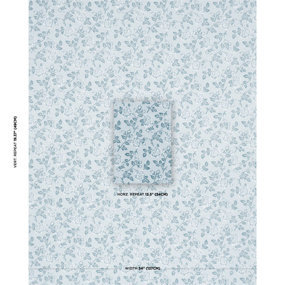 Soft blue print with a repeating gray-blue leafy pattern and a centered swatch.