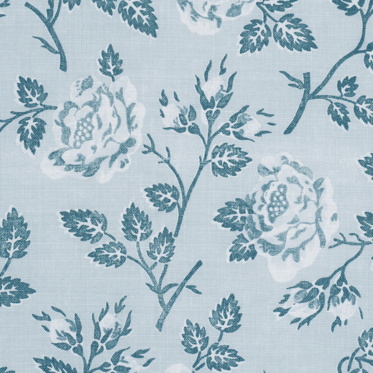 Light blue linen-like fabric with teal floral pattern of roses and leaves, ideal for upholstery or curtains.