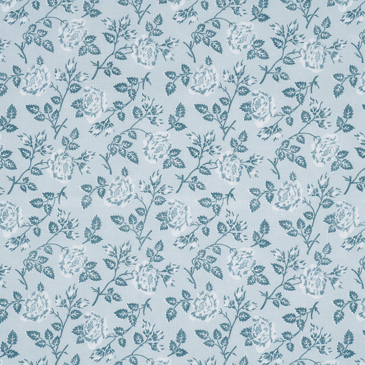 Light blue fabric with teal floral pattern of roses and vines, repeating botanical print for wallpaper or upholstery.
