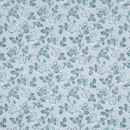 Light blue fabric with teal floral pattern of roses and vines, repeating botanical print for wallpaper or upholstery.