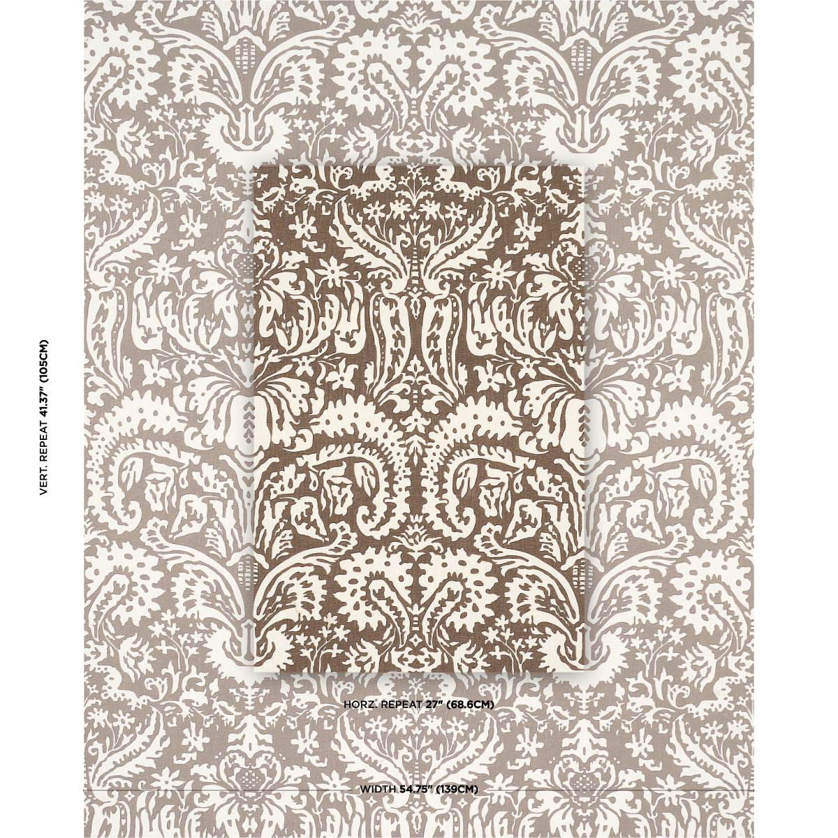 Damask wallpaper in warm beige and taupe with a darker central panel; ornate floral scrolls for classic interiors.