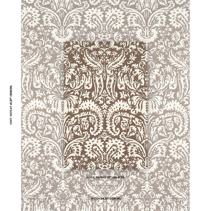 Damask wallpaper in warm beige and taupe with a darker central panel; ornate floral scrolls for classic interiors.