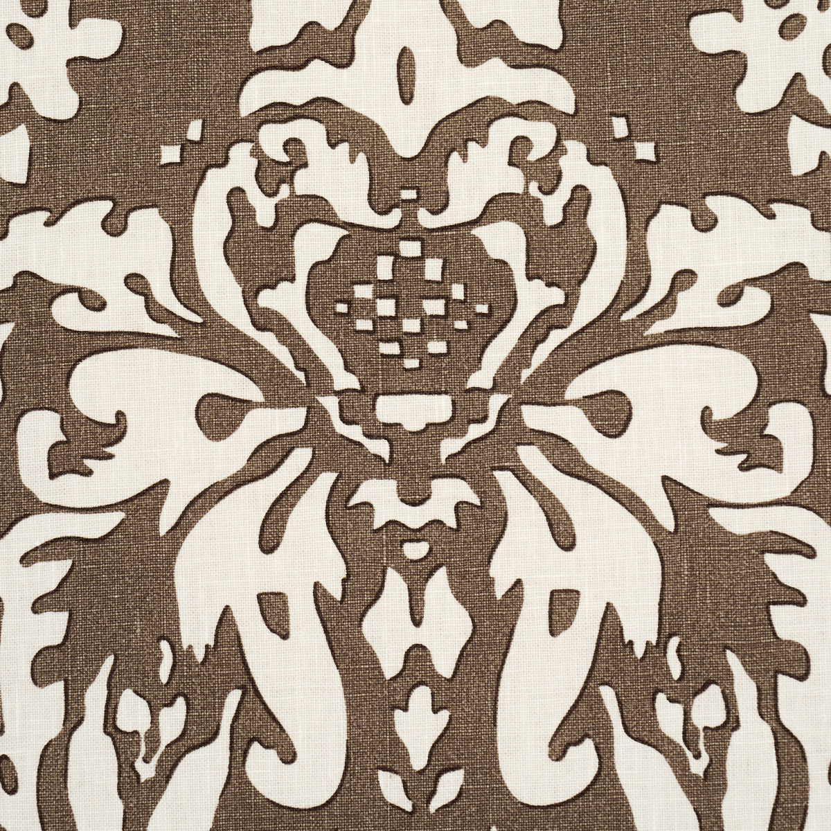 Brown damask textile with cream ornate floral motif; classic upholstery or curtain fabric.