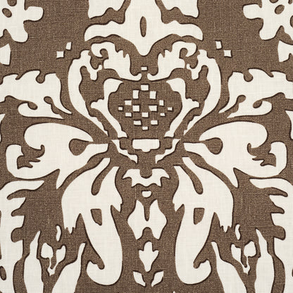 Brown damask textile with cream ornate floral motif; classic upholstery or curtain fabric.