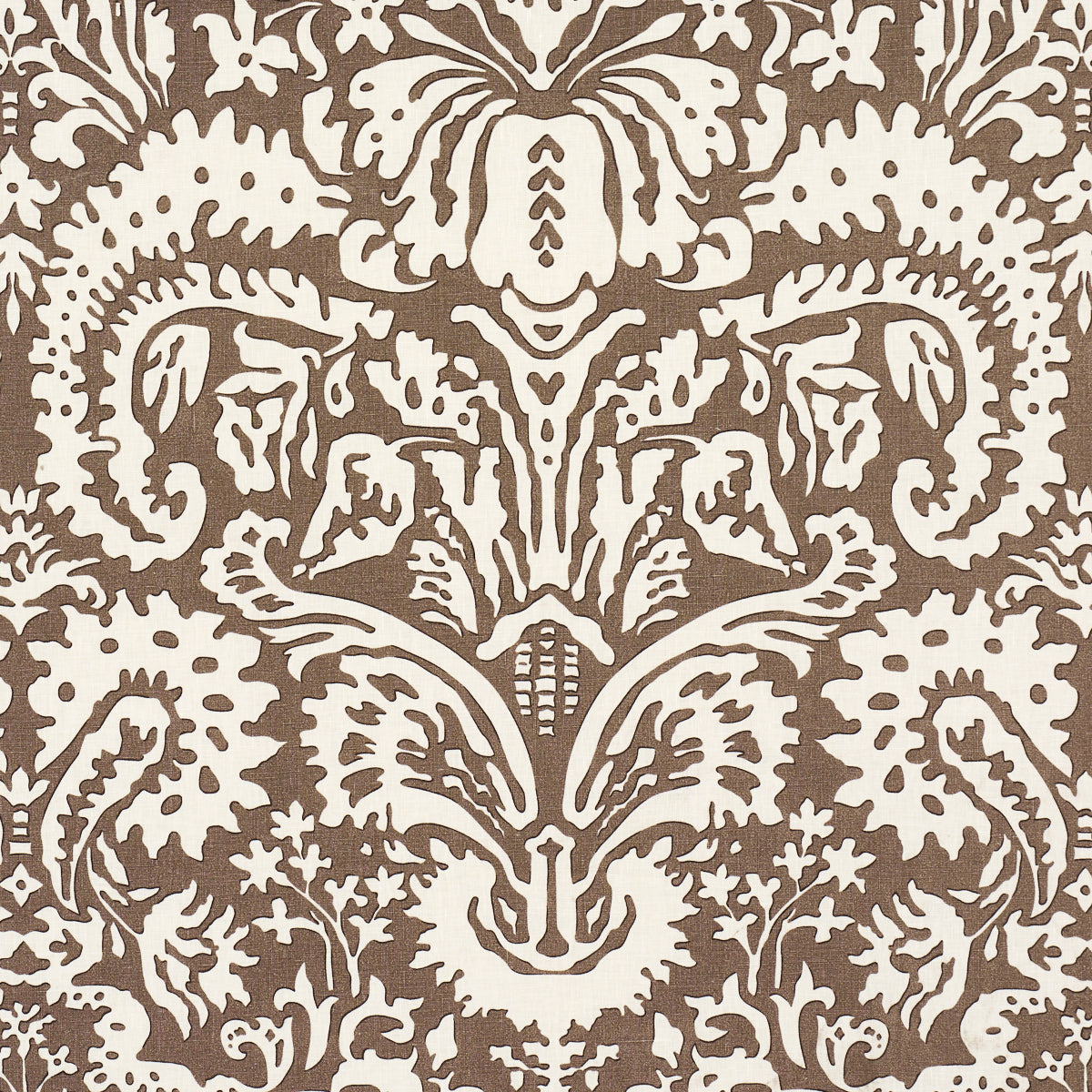 Brown damask pattern on cream background; ornate symmetrical floral motif for fabric, wallpaper, or upholstery.