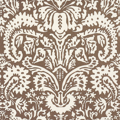 Brown damask pattern on cream background; ornate symmetrical floral motif for fabric, wallpaper, or upholstery.