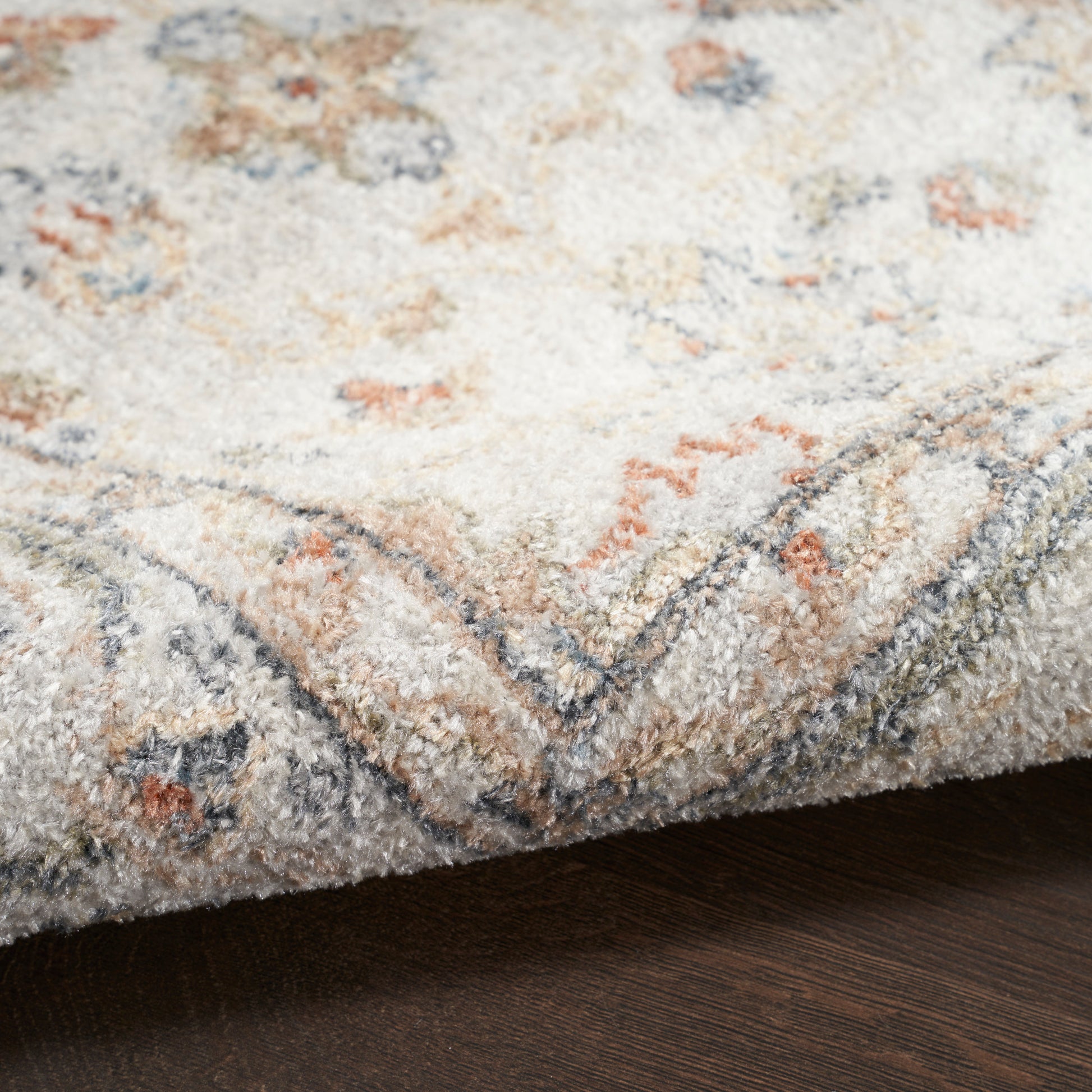Ivory plush rug with subtle blue, tan, and rust oriental motif and decorative border on dark wood floor.