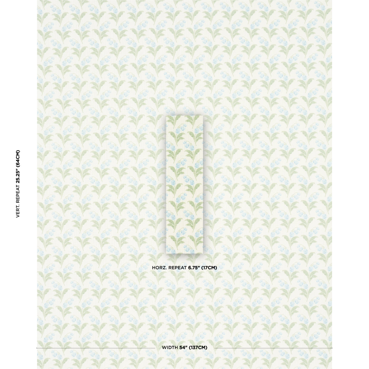 Pastel leafy wallpaper with mint-green and pale blue vines on white, vertical repeating pattern.