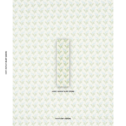 Pastel leafy wallpaper with mint-green and pale blue vines on white, vertical repeating pattern.